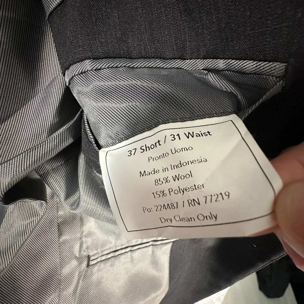 Pronto Uomo Suit Set Mens 37S 31W Charcoal Gray Wool Blend 2-Button Professional